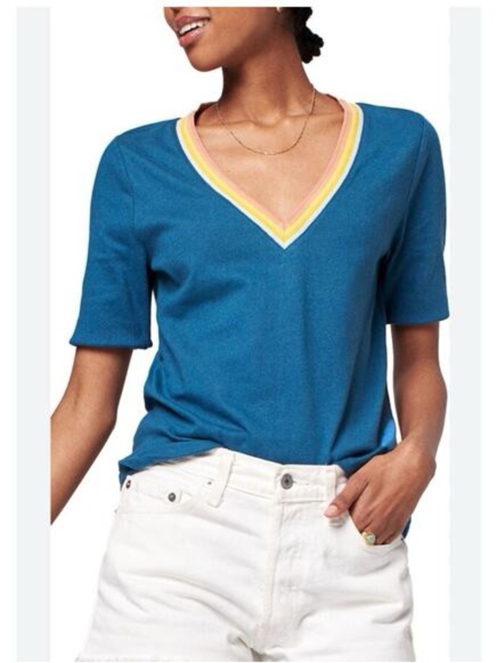 Faherty Teal V-Neck Short Sleeve Tee with Multi-Color Trim